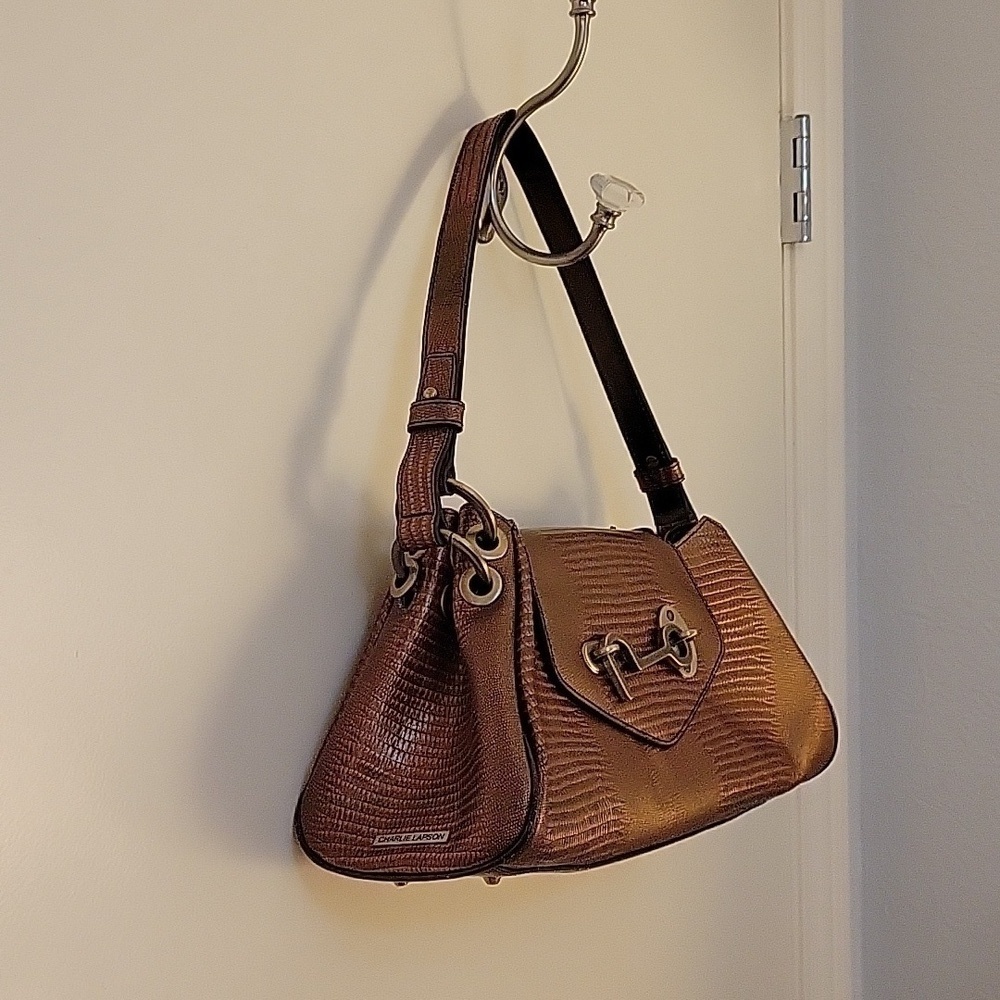Vtg CHARLIE LAPSON Metallic Copper Brown Baguette Satchel Bag - Picture 3 of 16